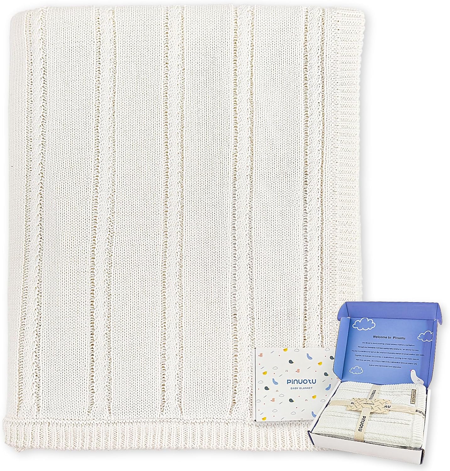Baby Blanket Cable Knit Cotton Swaddle Neutral White Beige