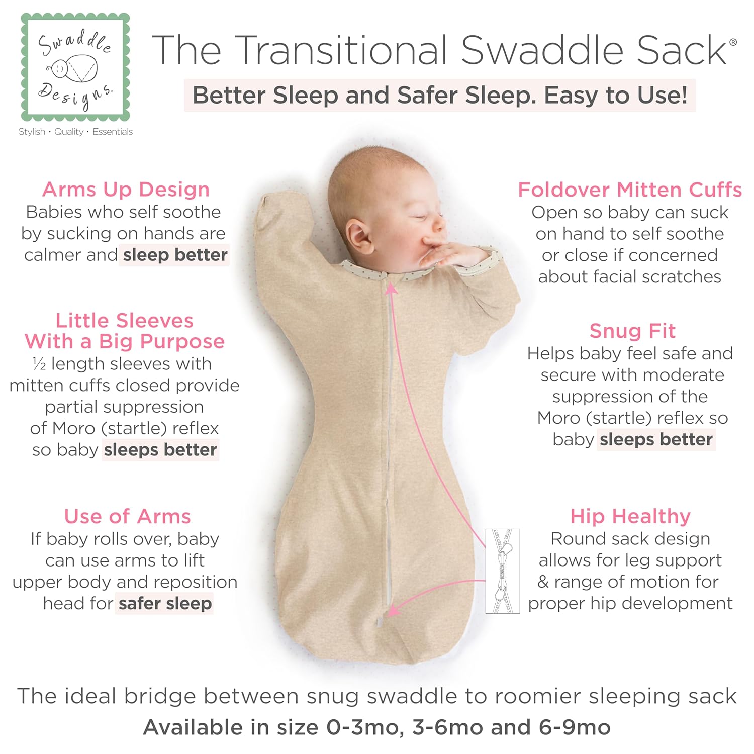 SwaddleDesigns Transitional Swaddle Sack 0-3 Months Heathered Oatmeal