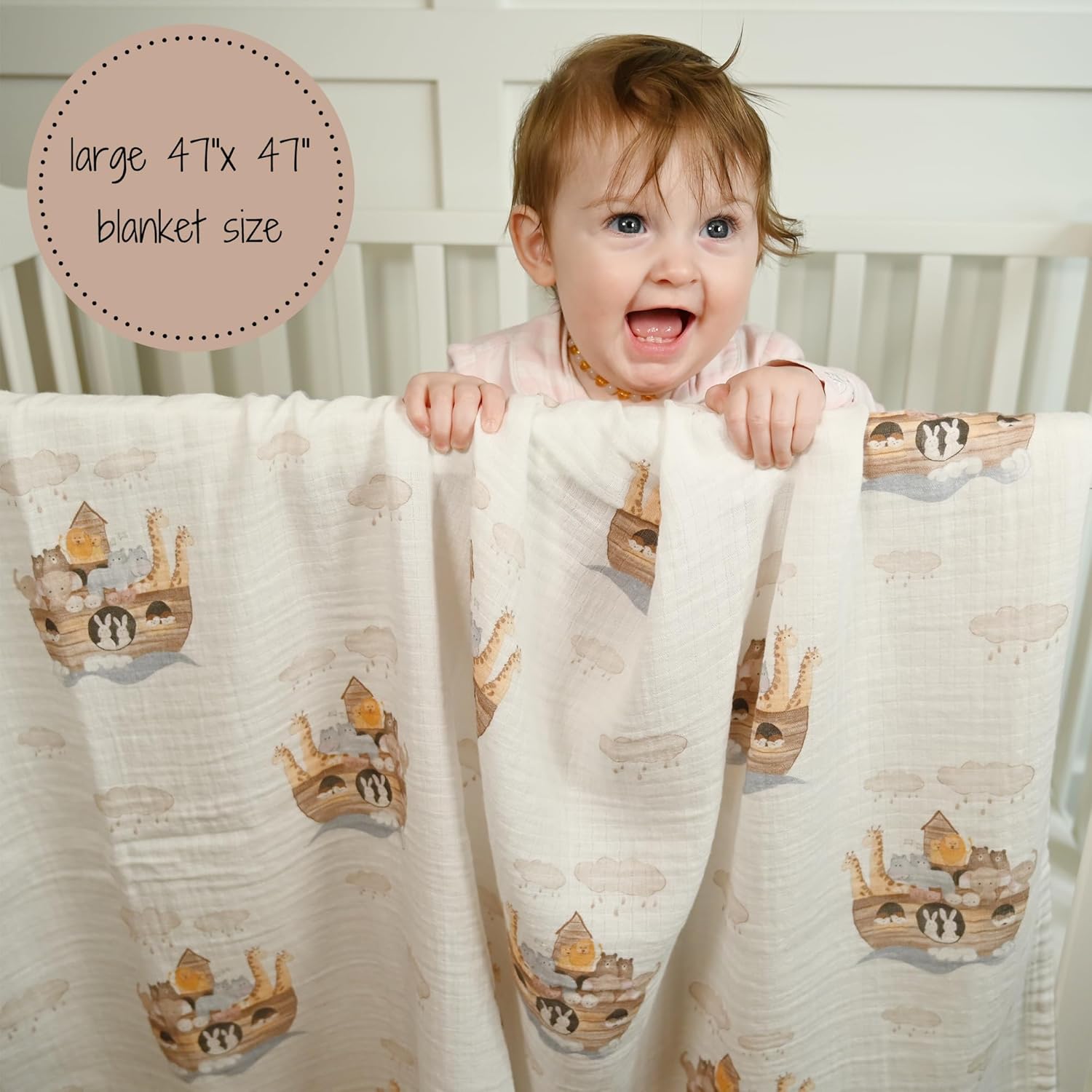 LollyBanks Muslin Swaddle Blanket with Noahs Ark Print