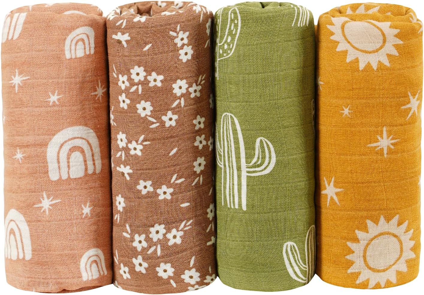 4 Set Muslin Swaddle Blankets with Cactus Print for Newborn