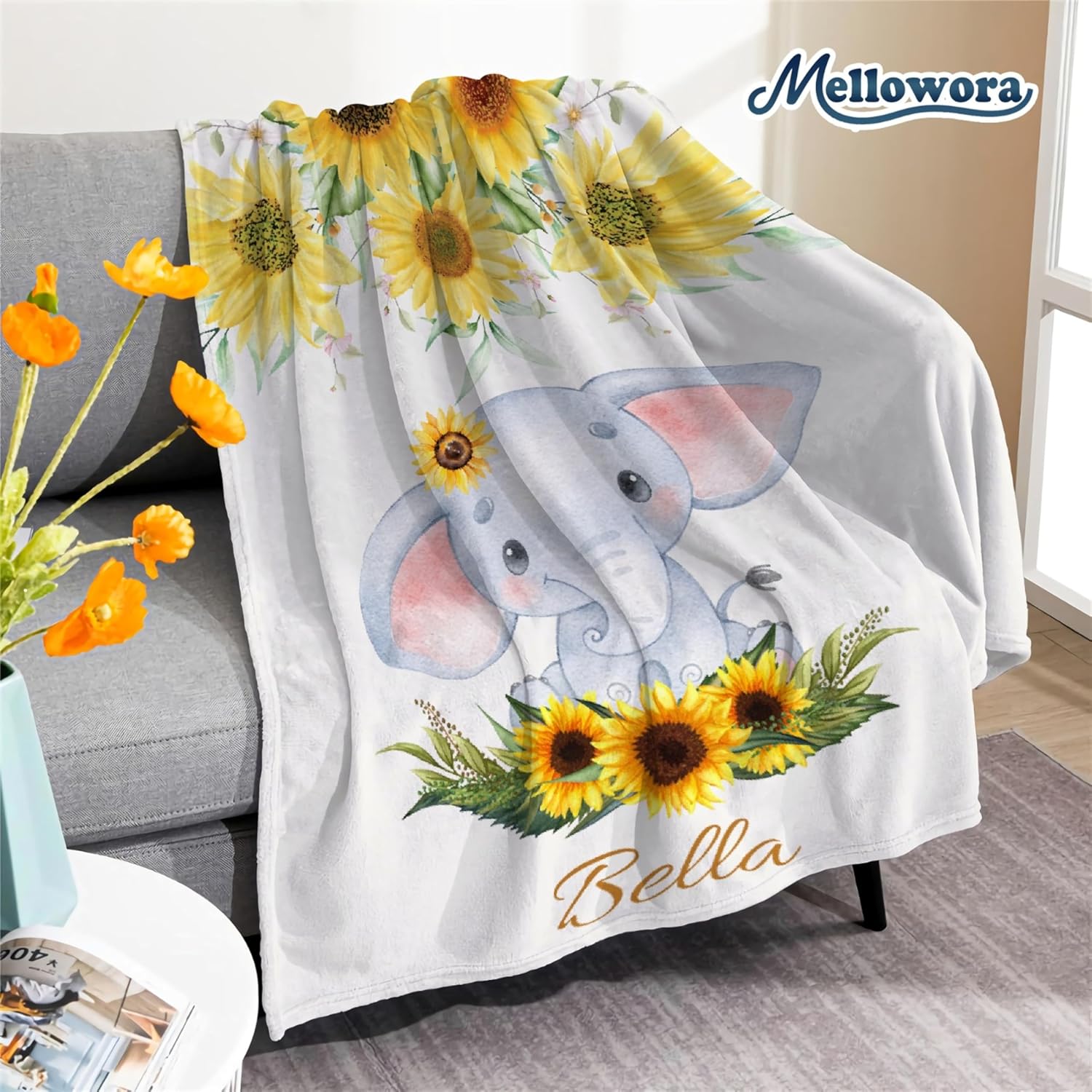 Custom Sunflower Elephant Blanket for Kids Flannel Personalized Baby Throw with Name