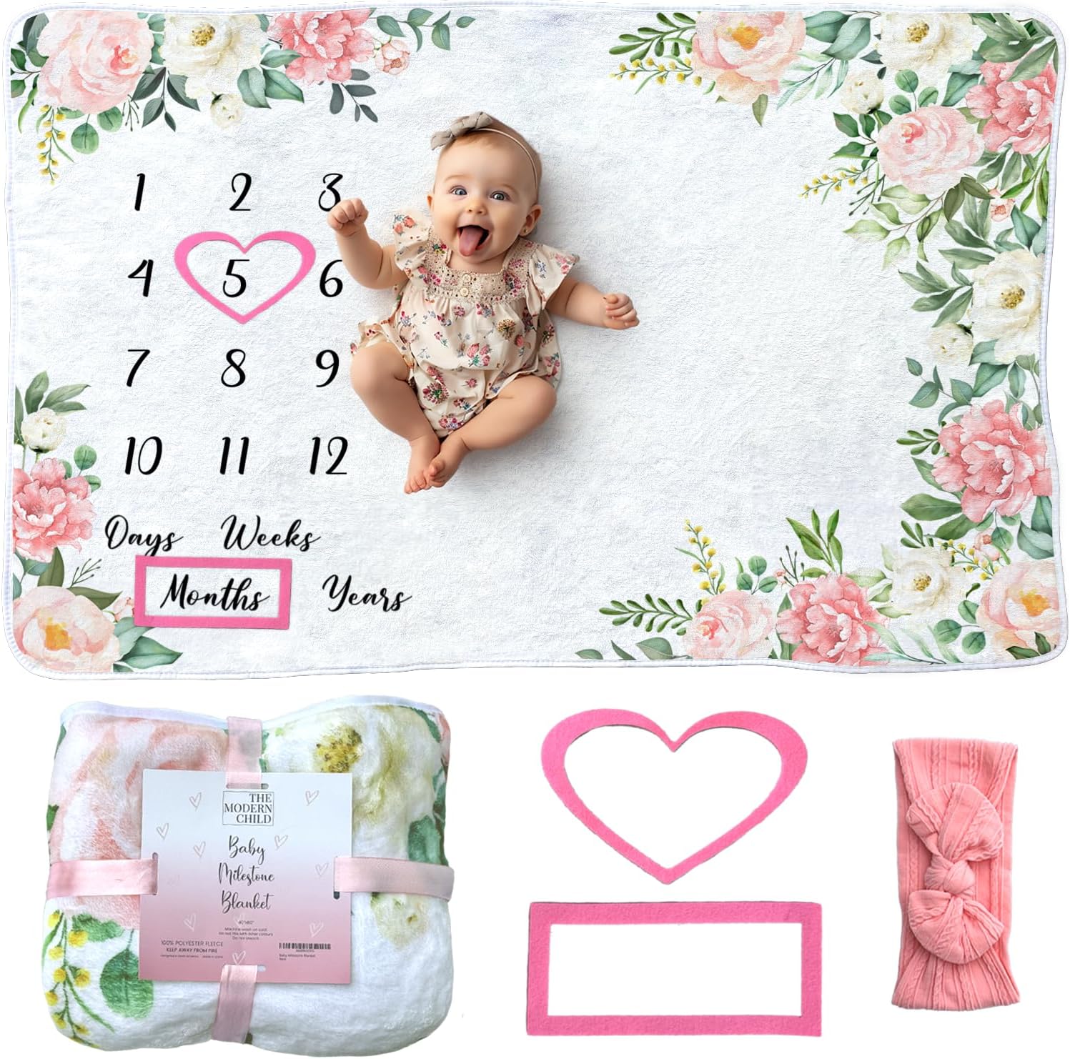 Modern Child Baby Milestone Blanket - Soft Fleece with Pink Flowers 60x40 Inch