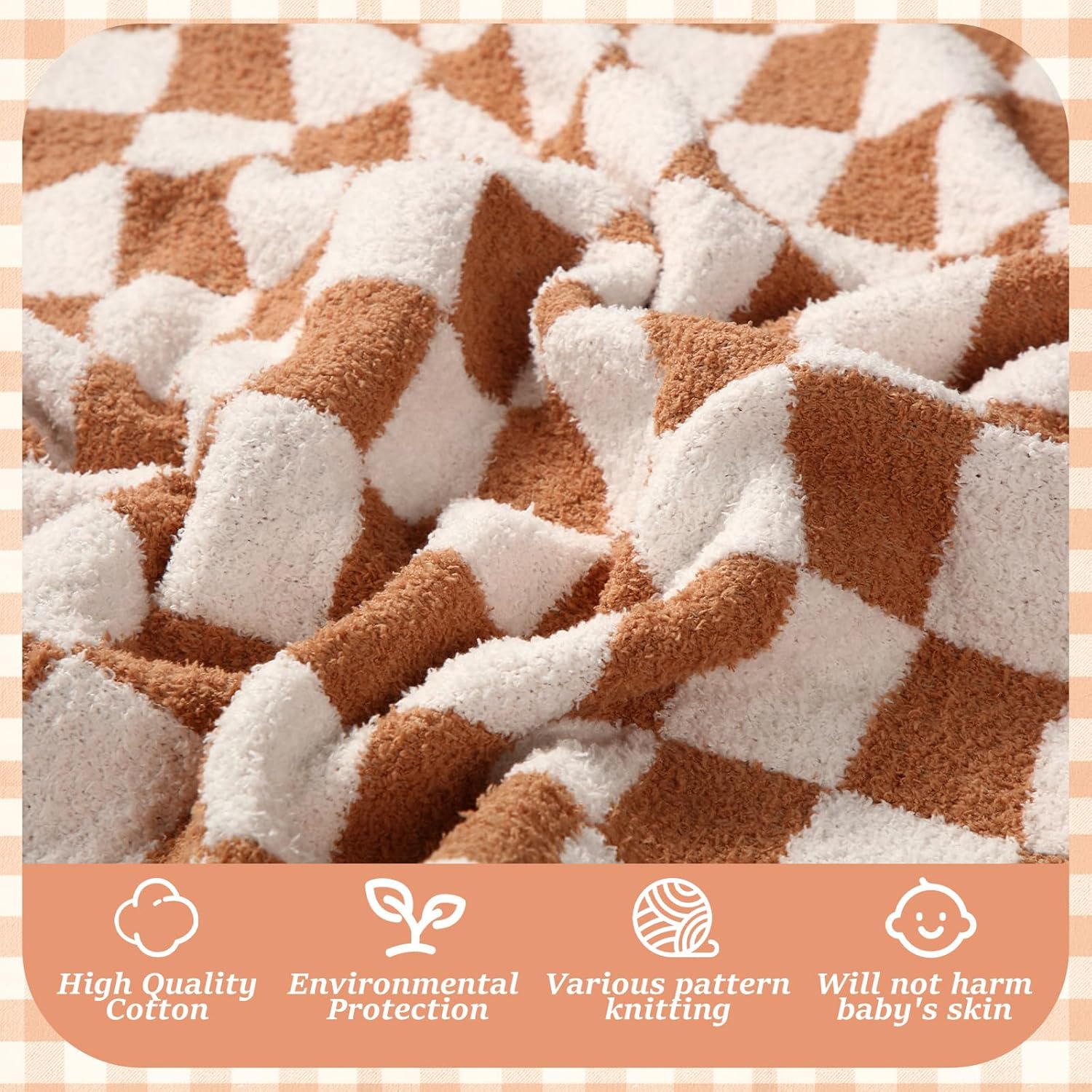 Brown Checkered Fuzzy Throw Blanket Cozy 30x40 Inch