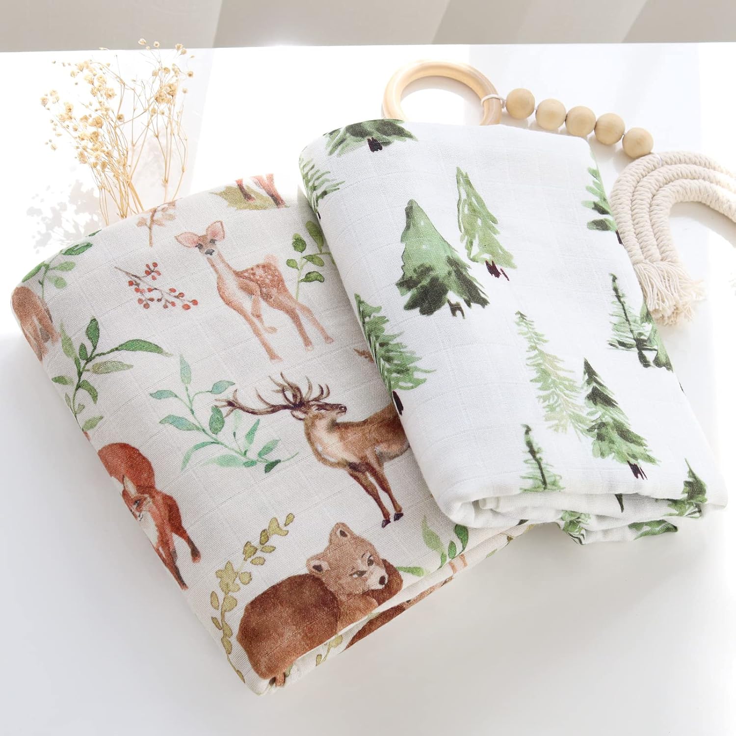 LifeTree Muslin Swaddle Blankets 47x47in Woodland Pattern