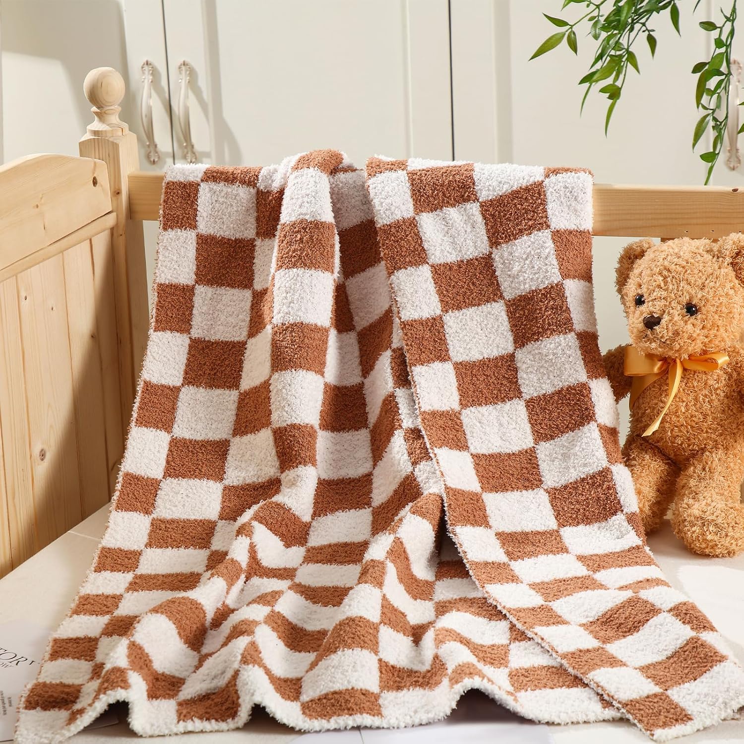 Brown Checkered Fuzzy Throw Blanket Cozy 30x40 Inch