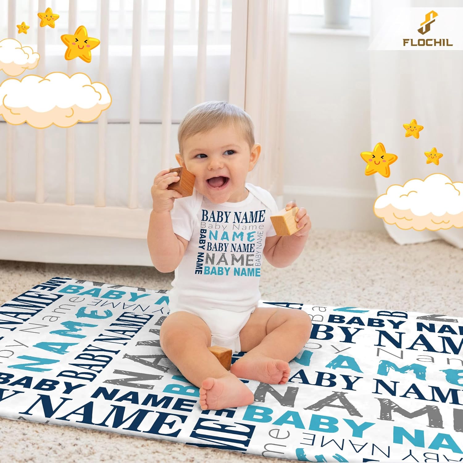 FLOCHIL Personalized Baby Blanket for Boys - Custom Name Monogram