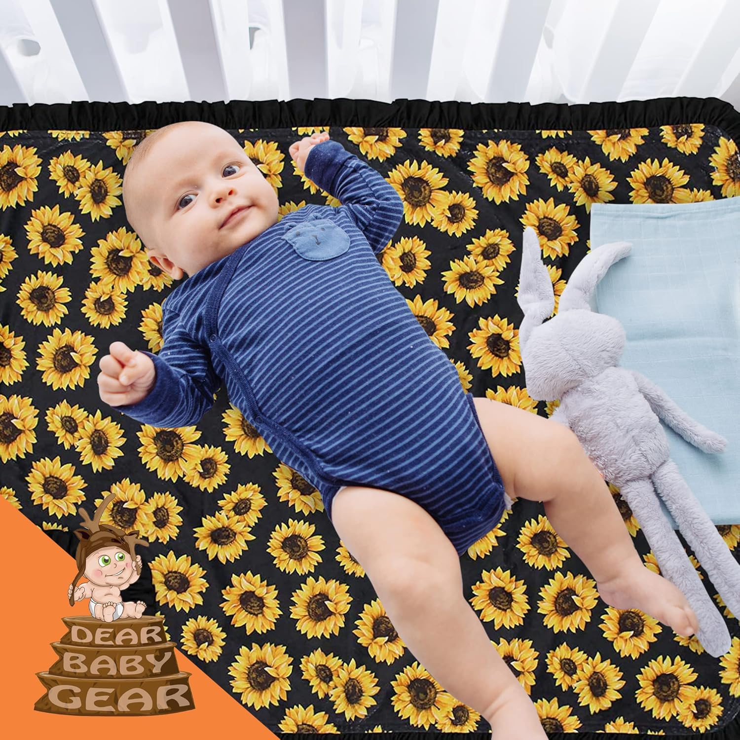 Dear Baby Gear - Reversible Baby Blanket with Yellow Sunflowers Black Ruffle