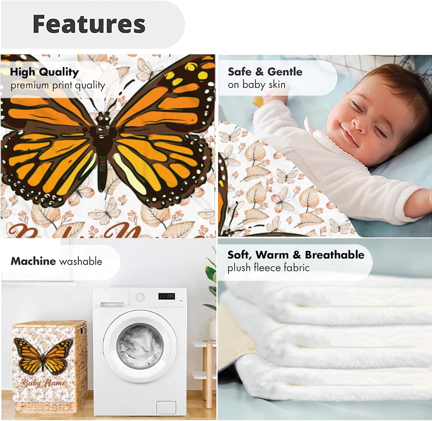 Personalized Monarch Butterfly Baby Blanket Cozy Fleece Throw for Newborns