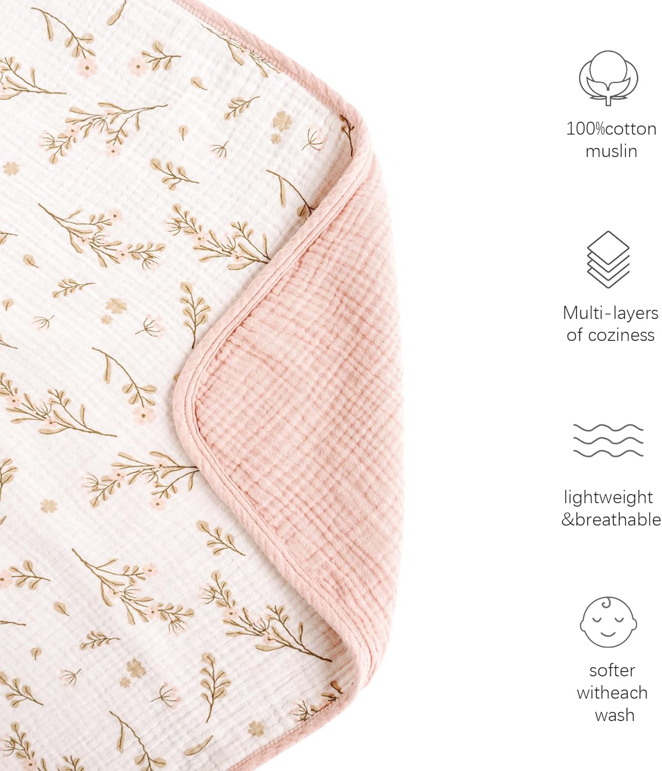 Konssy Muslin Blanket 40x36 Inch Floral Baby Blanket
