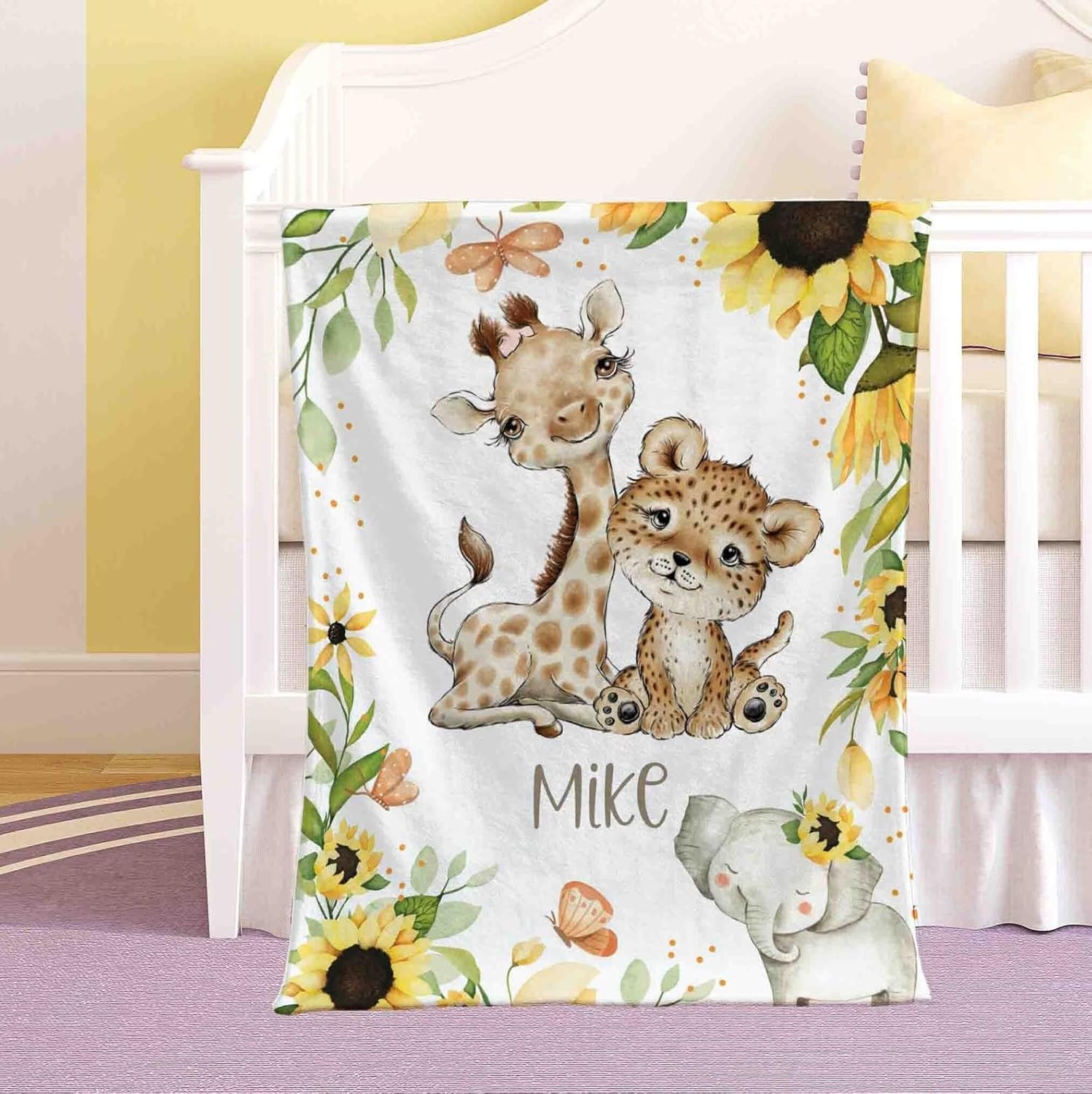 Customized Name Baby Blanket with Wild Animals and Flowers