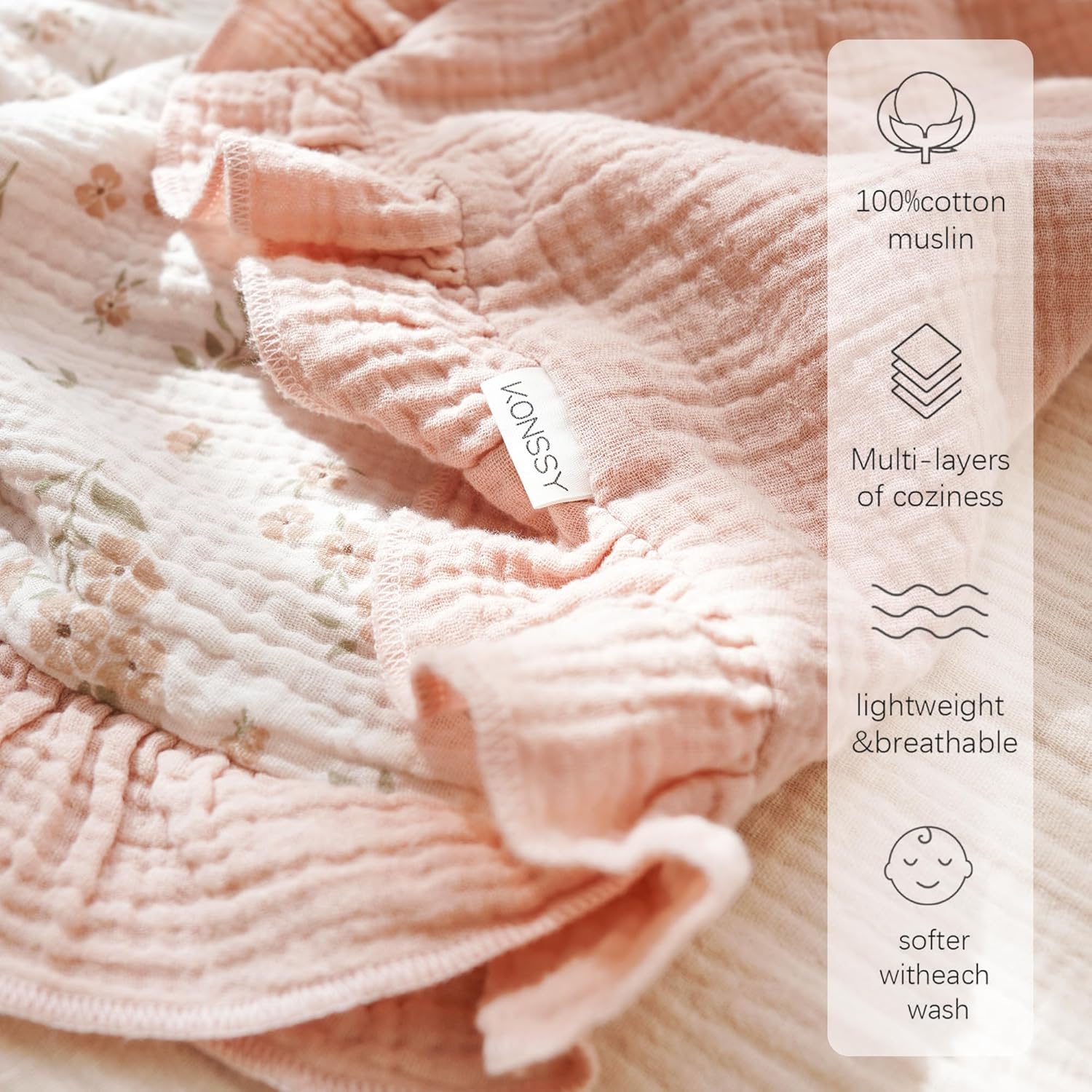 Konssy Flounce Muslin Baby Blanket - Blossom Design 1