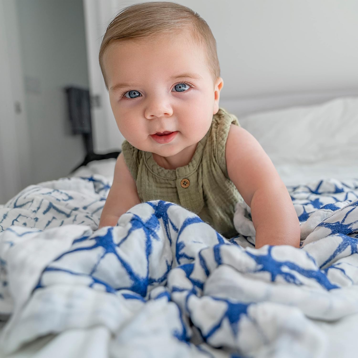 aden anais Silky Soft Bamboo Muslin Blanket - 100 Viscose Indigo Shibori Blue
