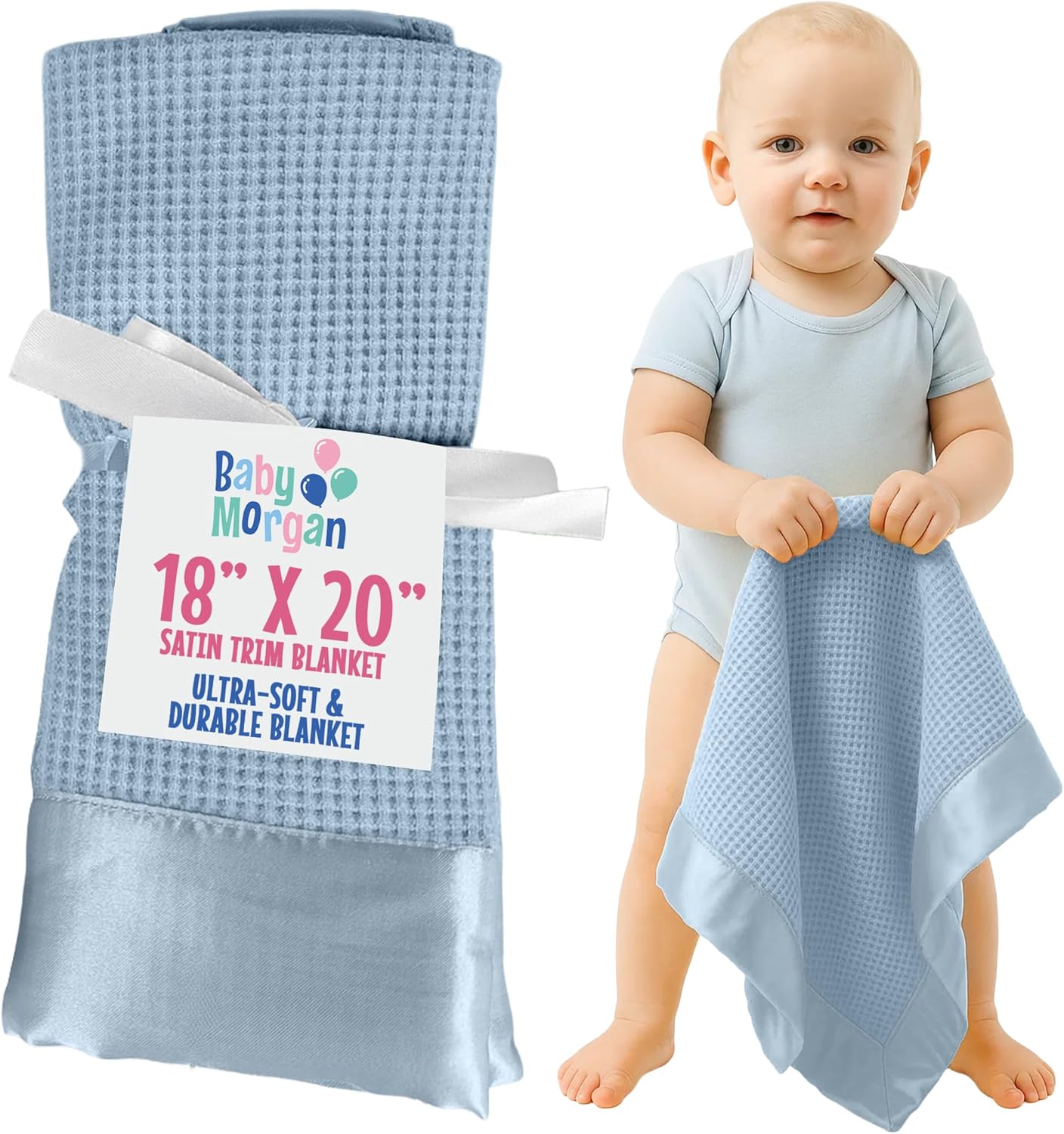 Premium Thermal Waffle Baby Blanket - Blue Satin Trim 18 x 20