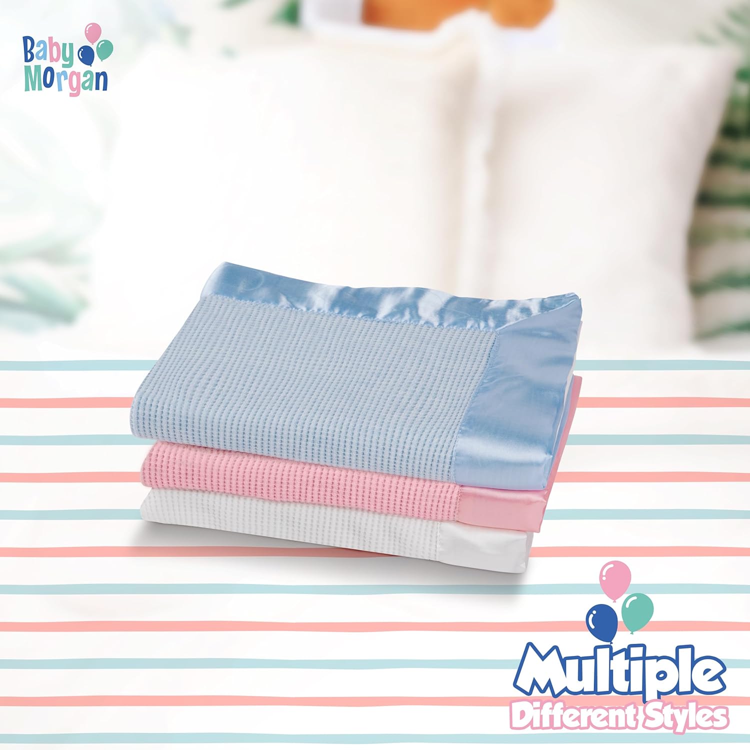 Premium Thermal Waffle Baby Blanket - Blue Satin Trim 18 x 20