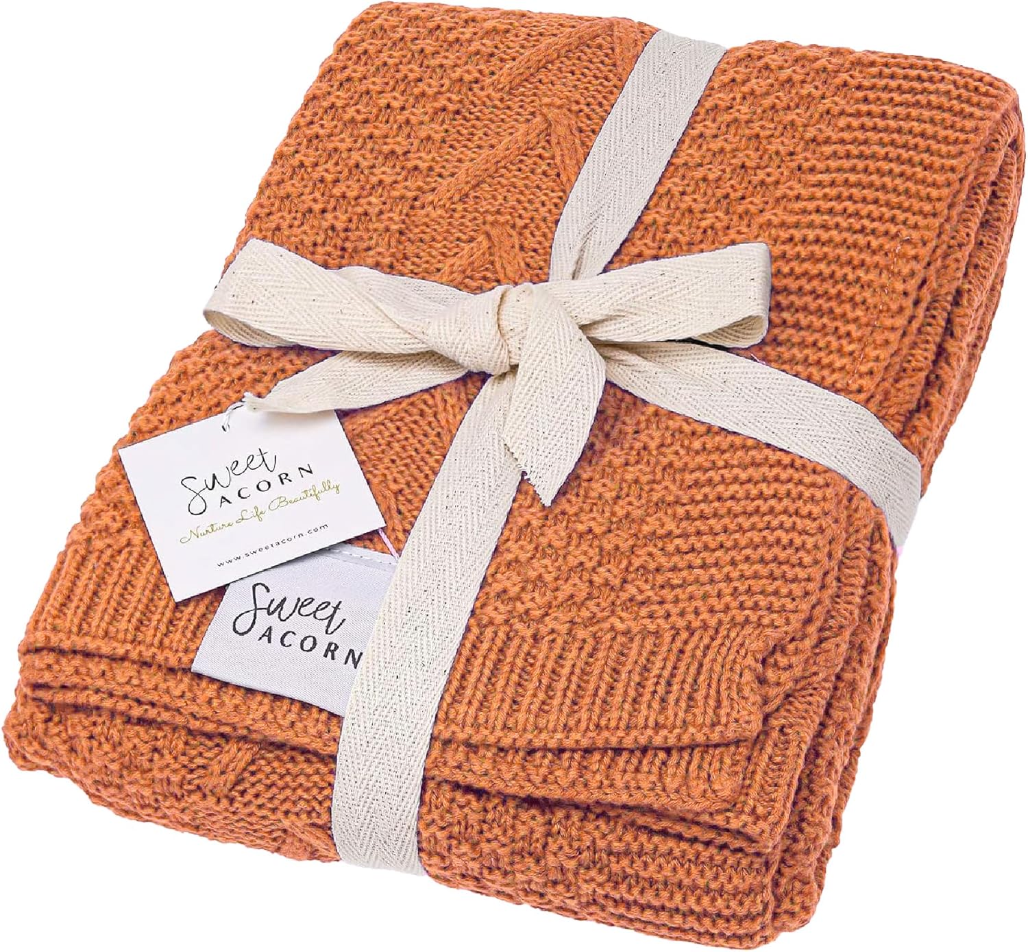 Sweet Acorn Cable Knit Baby Blanket - Sunset Orange 1