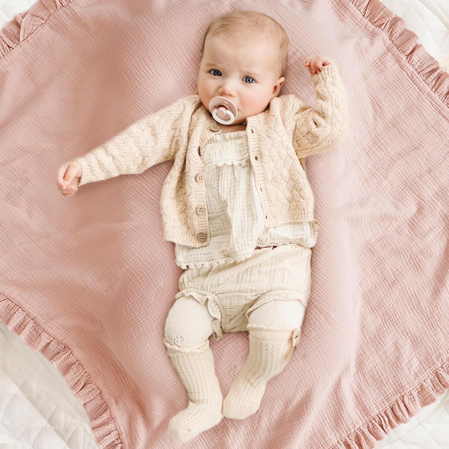 Konssy Flounce Muslin Baby Blanket 40x36 Pink 1