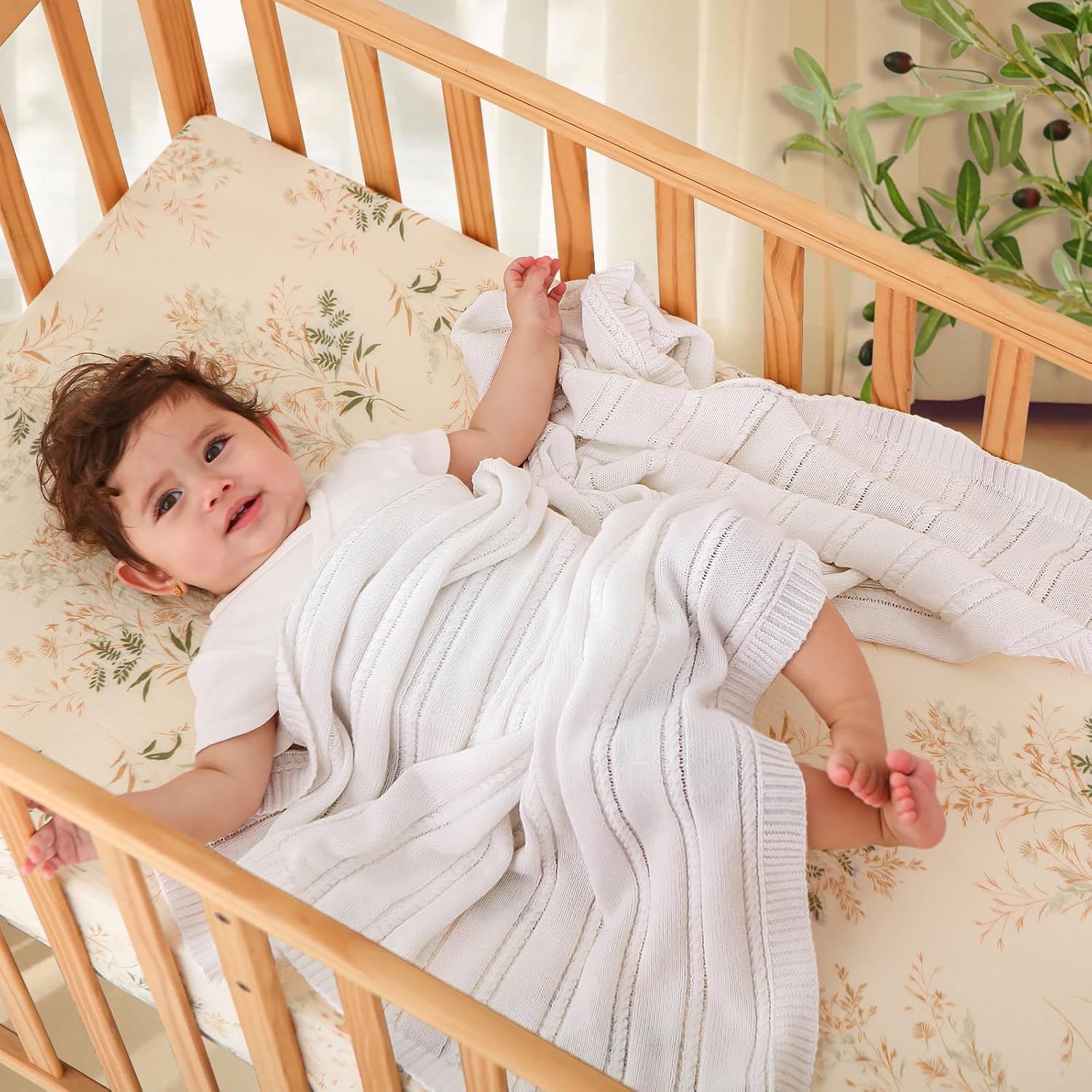 Baby Blanket Cable Knit Cotton Swaddle Neutral White Beige