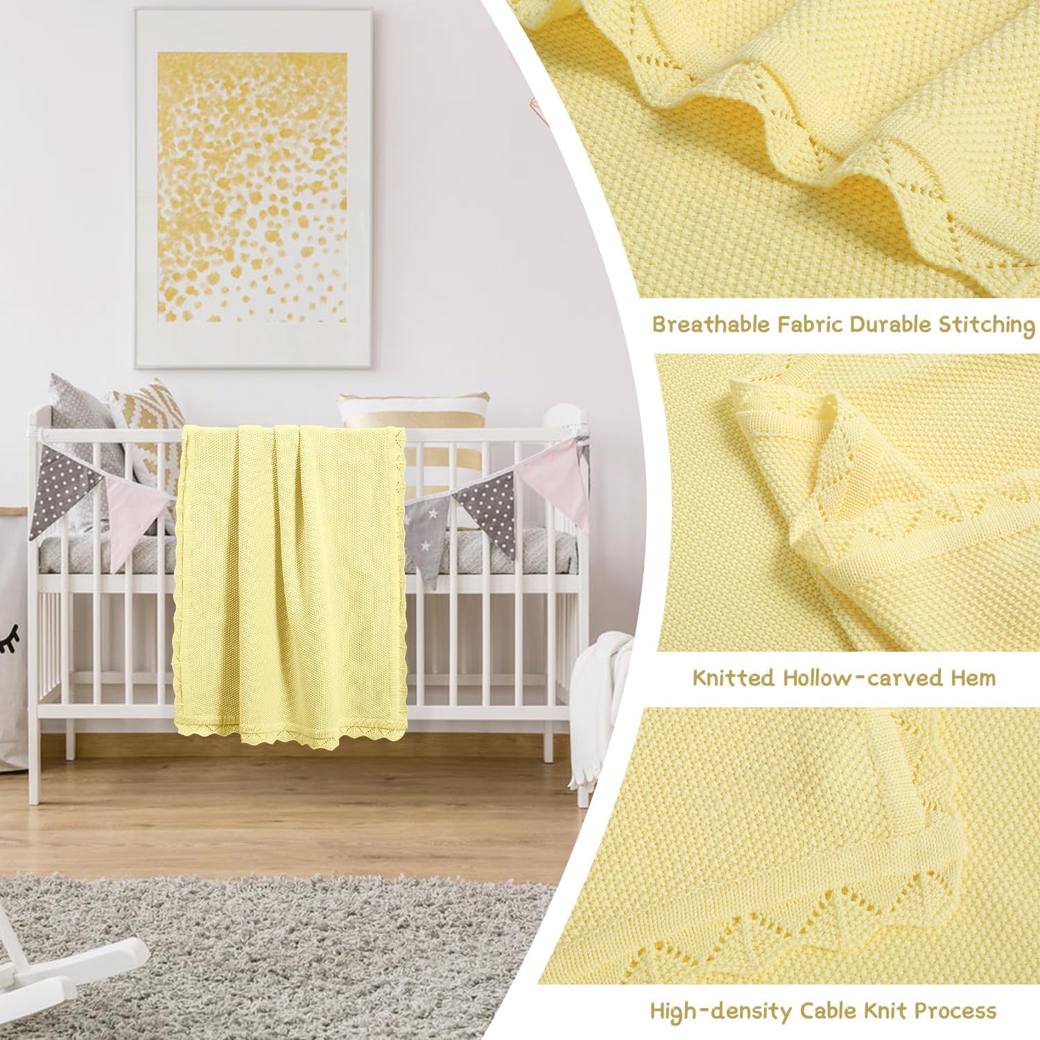 100 Cotton Baby Blanket Knit Soft Warm Lemon Yellow 30x40 Inches