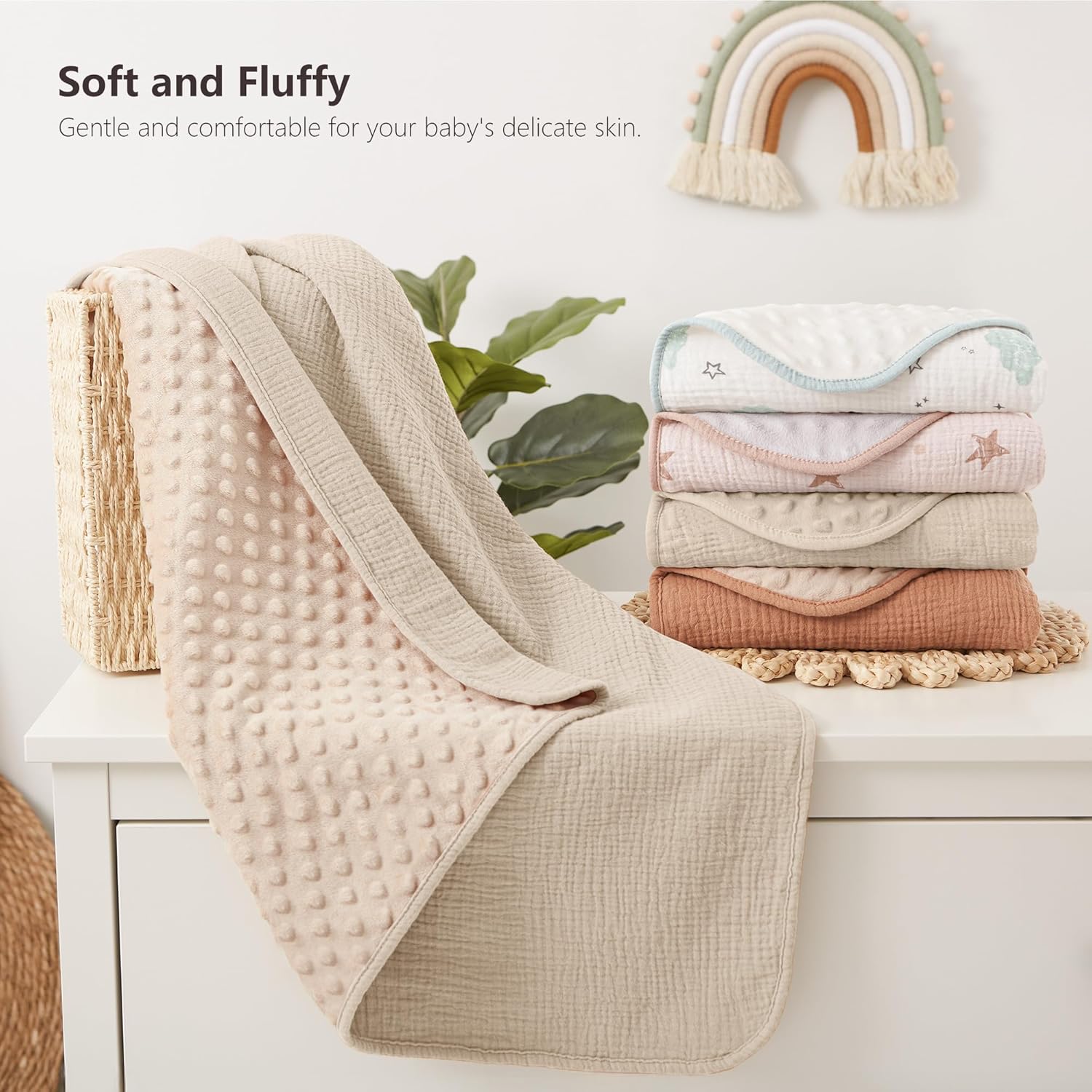 Susurration Baby Blanket Soft Minky with Muslin Front Dotted Fleece Back