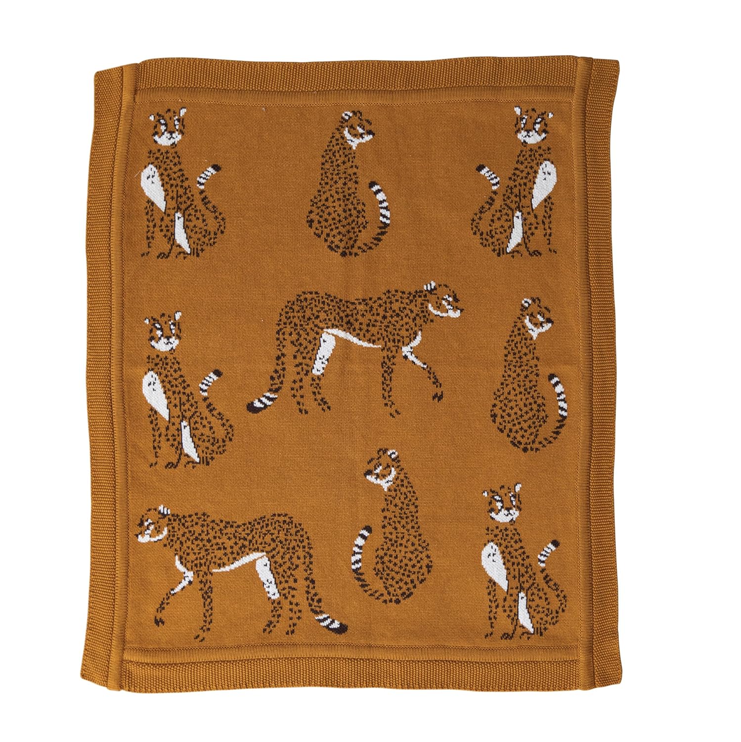 Creative Co-Op Soft Cotton Knit Baby Blanket with Cheetahs Mustard 1