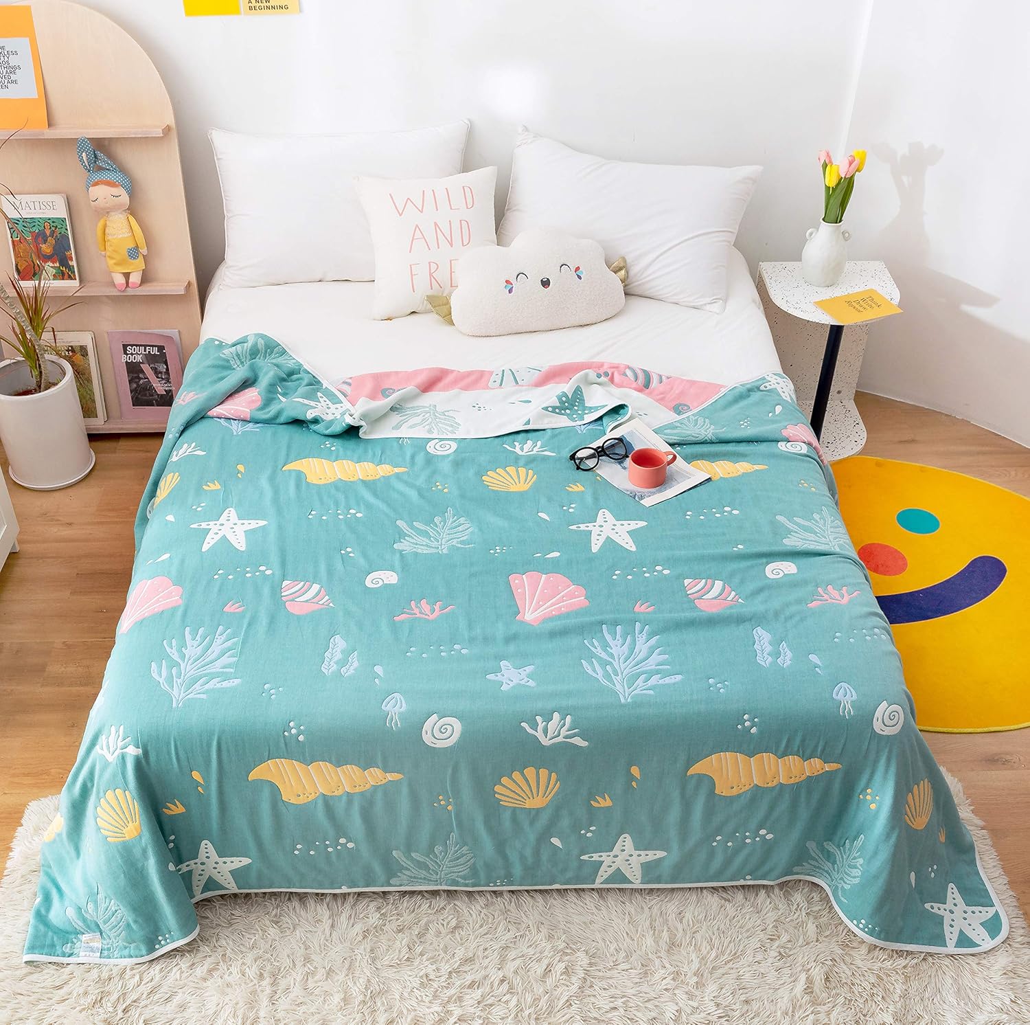 Coral Conch Starfish Shell Muslin Blanket Reversible 46x56