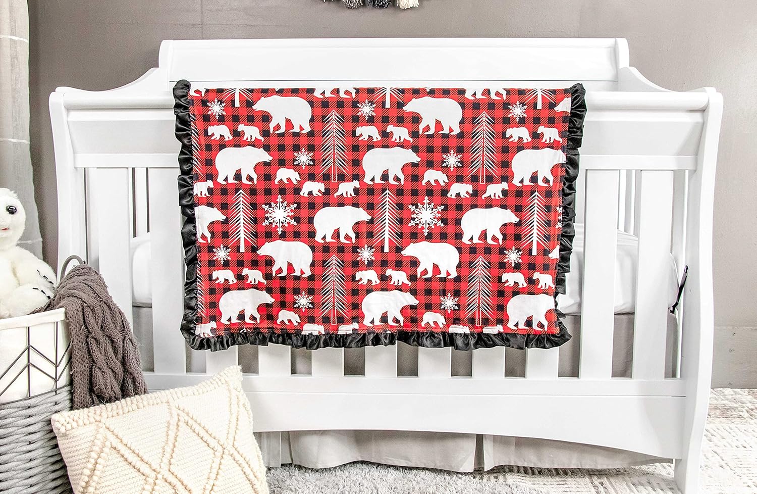 Top Tots Baby Blanket - Red Black Plaid Bear Cubs 31x31 Inch