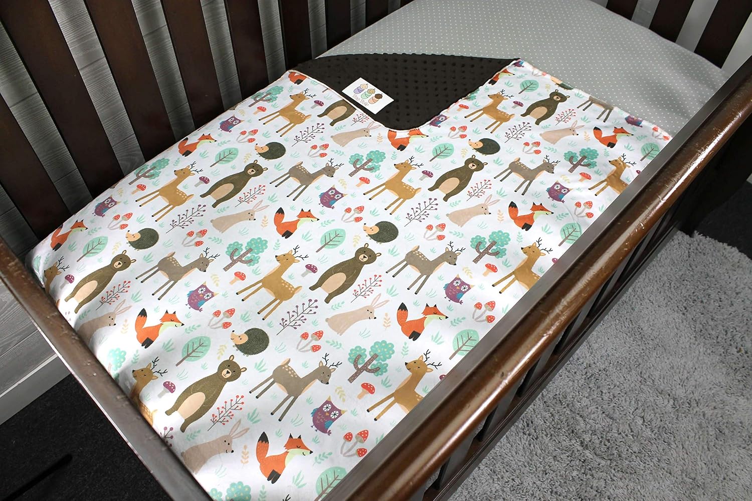 Top Tots Baby Blanket - Forest Animals with Dark Brown Minky Dot