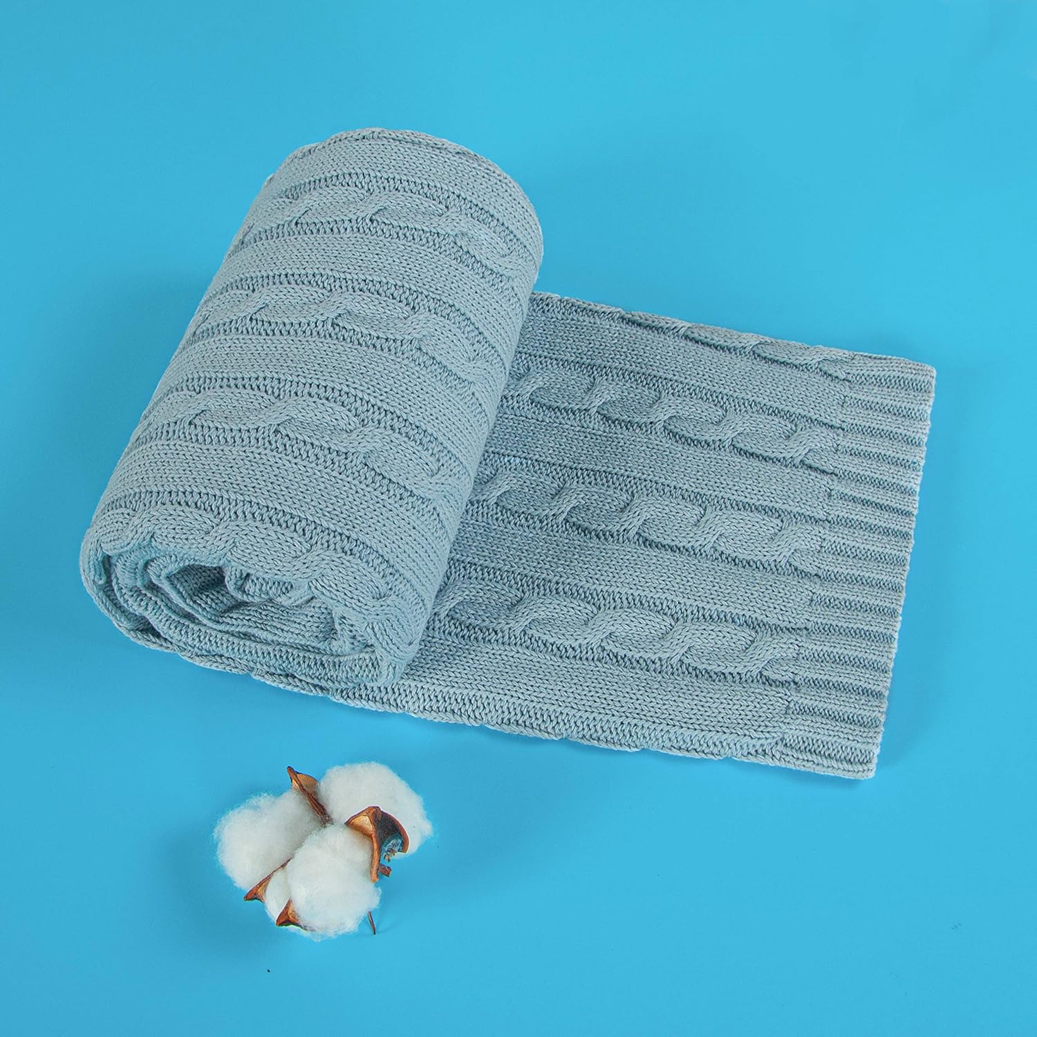 NTBAY 100 Pure Cotton Cable Knit Toddler Blanket - Baby Blue 30x40 Inches