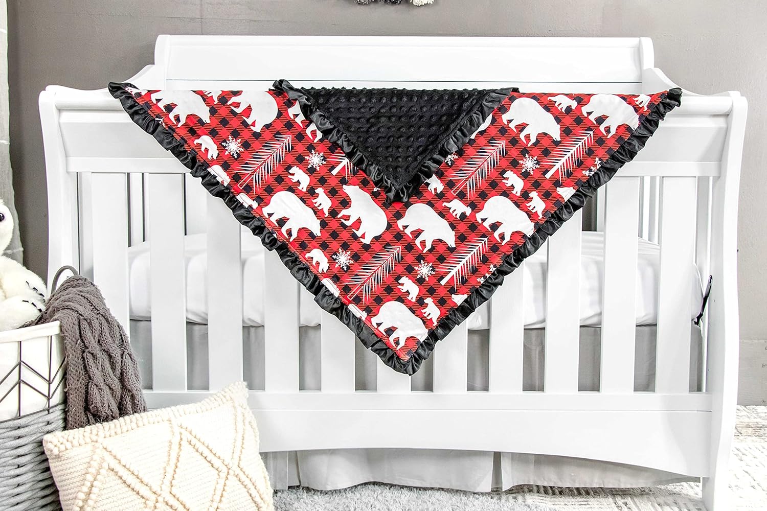 Top Tots Baby Blanket - Red Black Plaid Bear Cubs 31x31 Inch