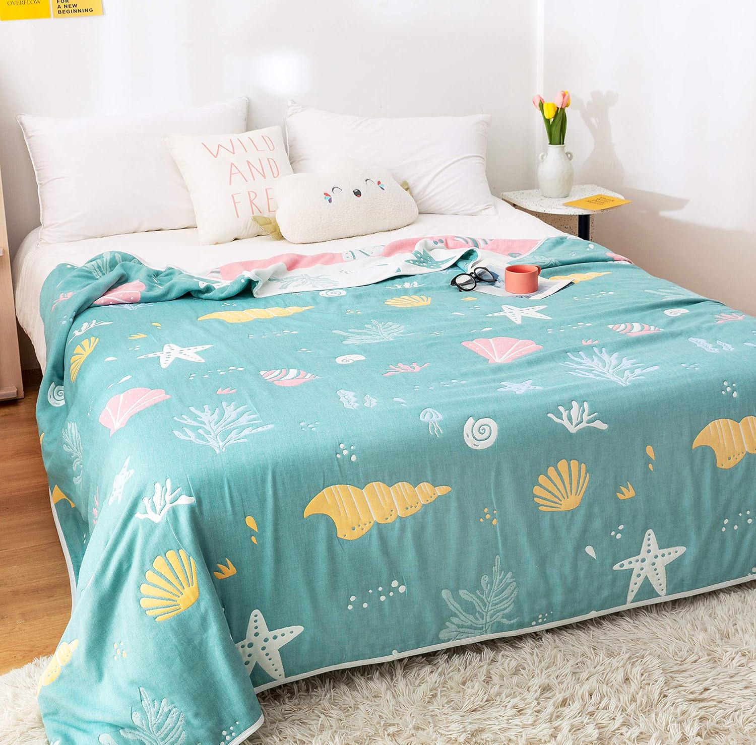 Coral Conch Starfish Shell Muslin Blanket Reversible 46x56