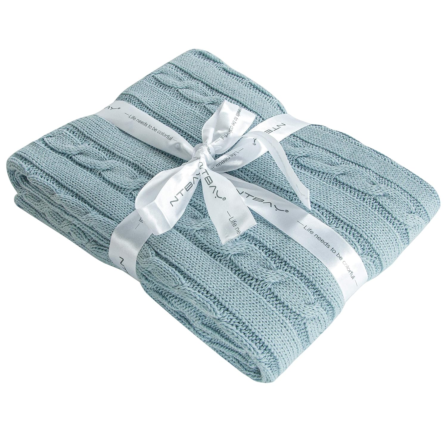 NTBAY 100 Pure Cotton Cable Knit Toddler Blanket - Baby Blue 30x40 Inches