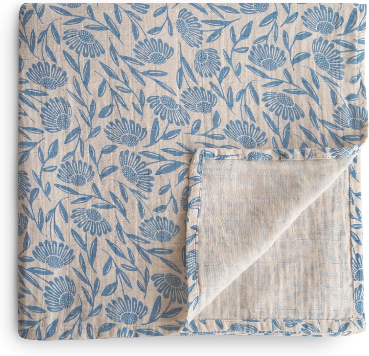 Mushie Muslin Swaddle Blanket - Organic Cotton Blue Flowers