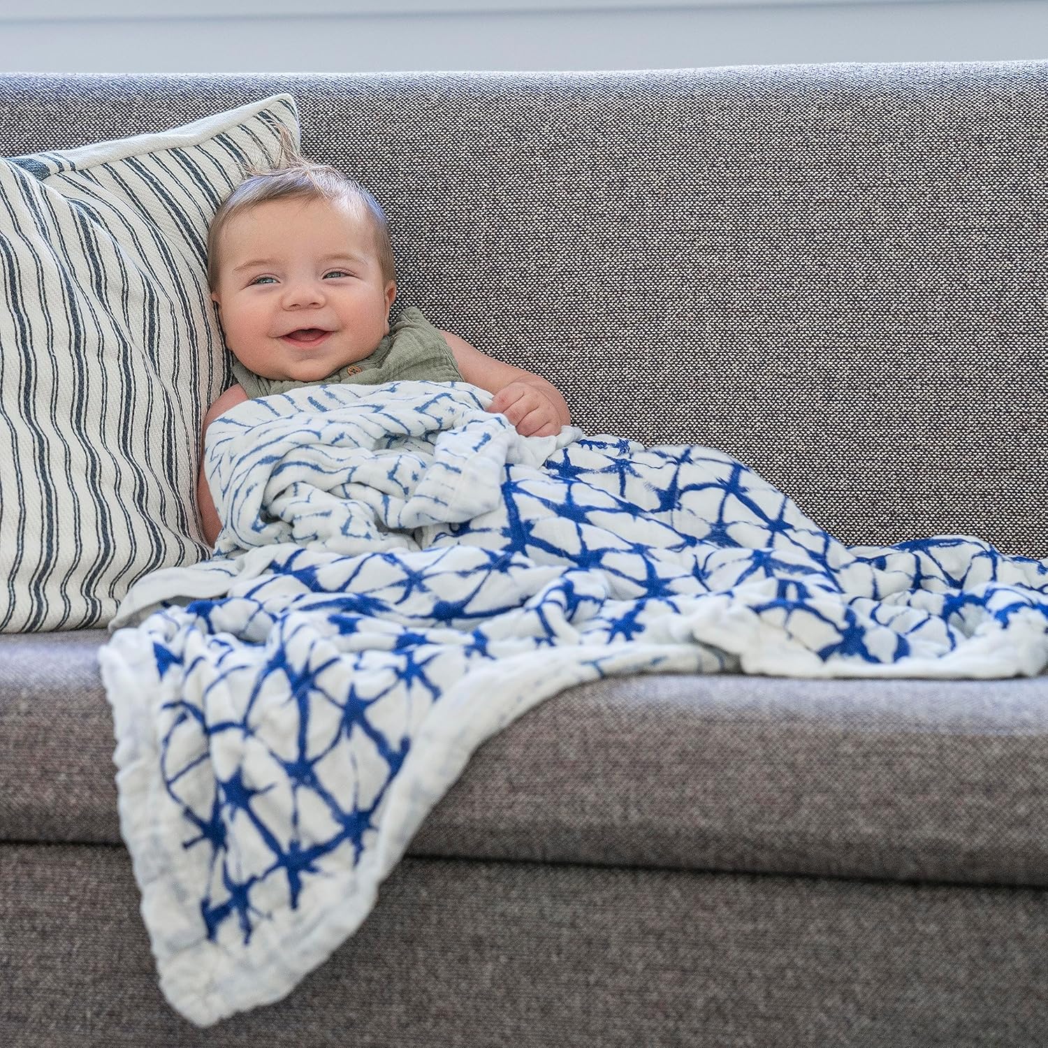 aden anais Silky Soft Bamboo Muslin Blanket - 100 Viscose Indigo Shibori Blue